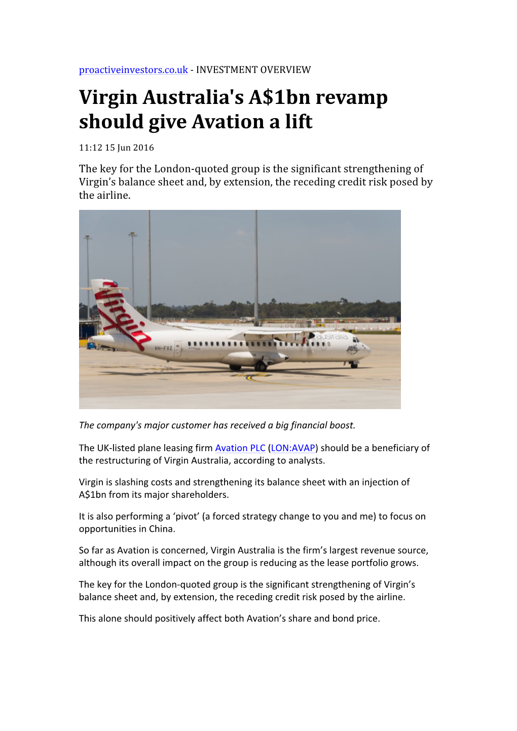 Virgin Australia's A$1Bn Revamp Should Give Avation a Lift