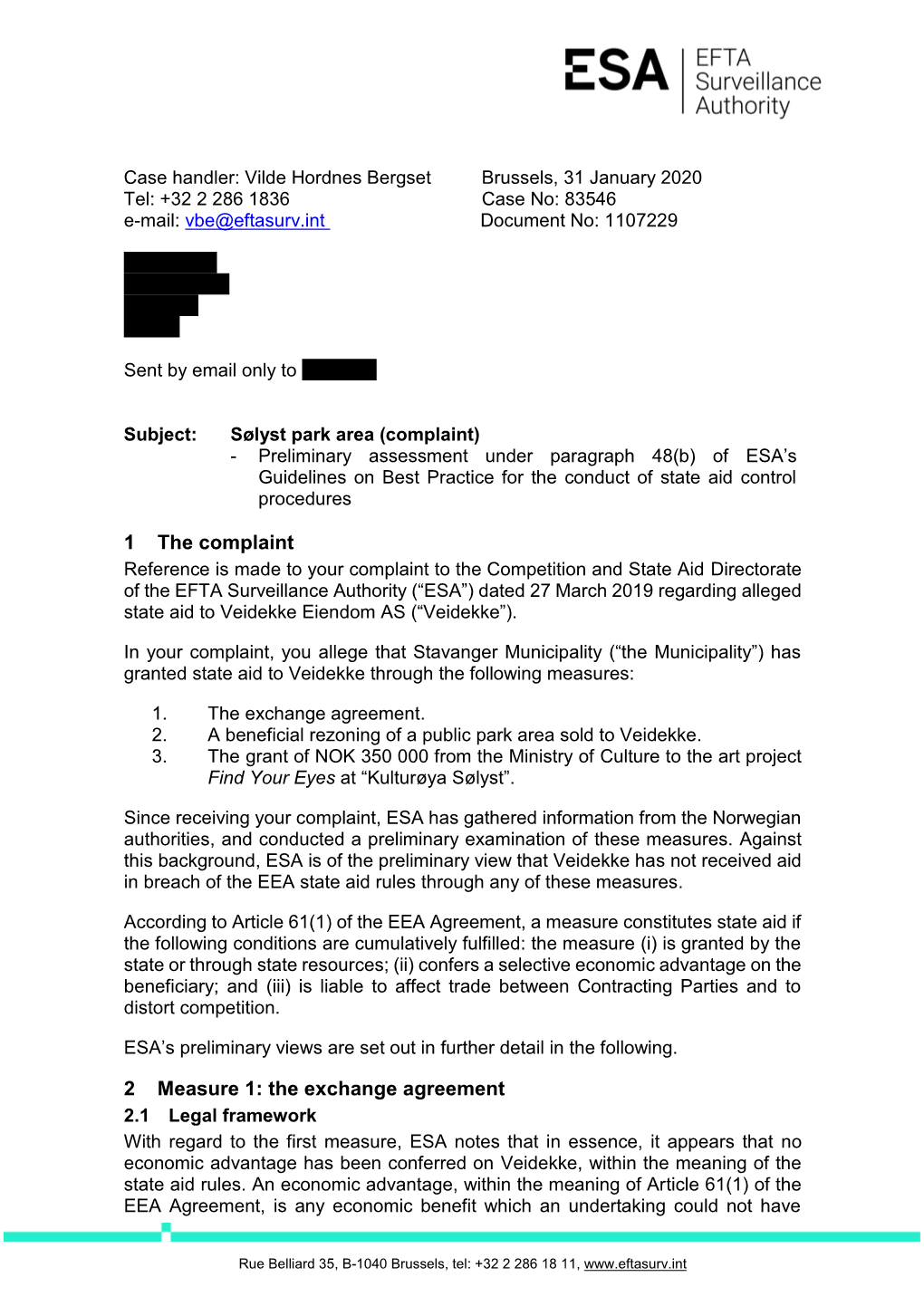 Sølyst Park Area (Complaint) - Preliminary Assessment Under Paragraph 48(B) of ESA’S Guidelines on Best Practice for the Conduct of State Aid Control Procedures