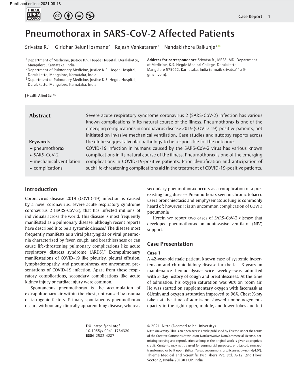 Pneumothorax in SARS-Cov-2 Affected Patients