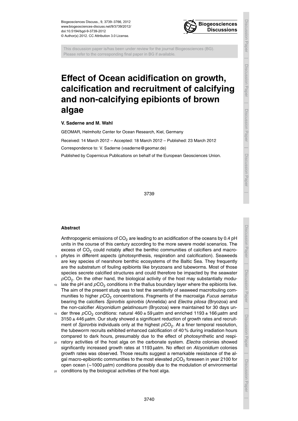 Effect of Ocean Acidification on Growth, Calcification and Recruitment Of