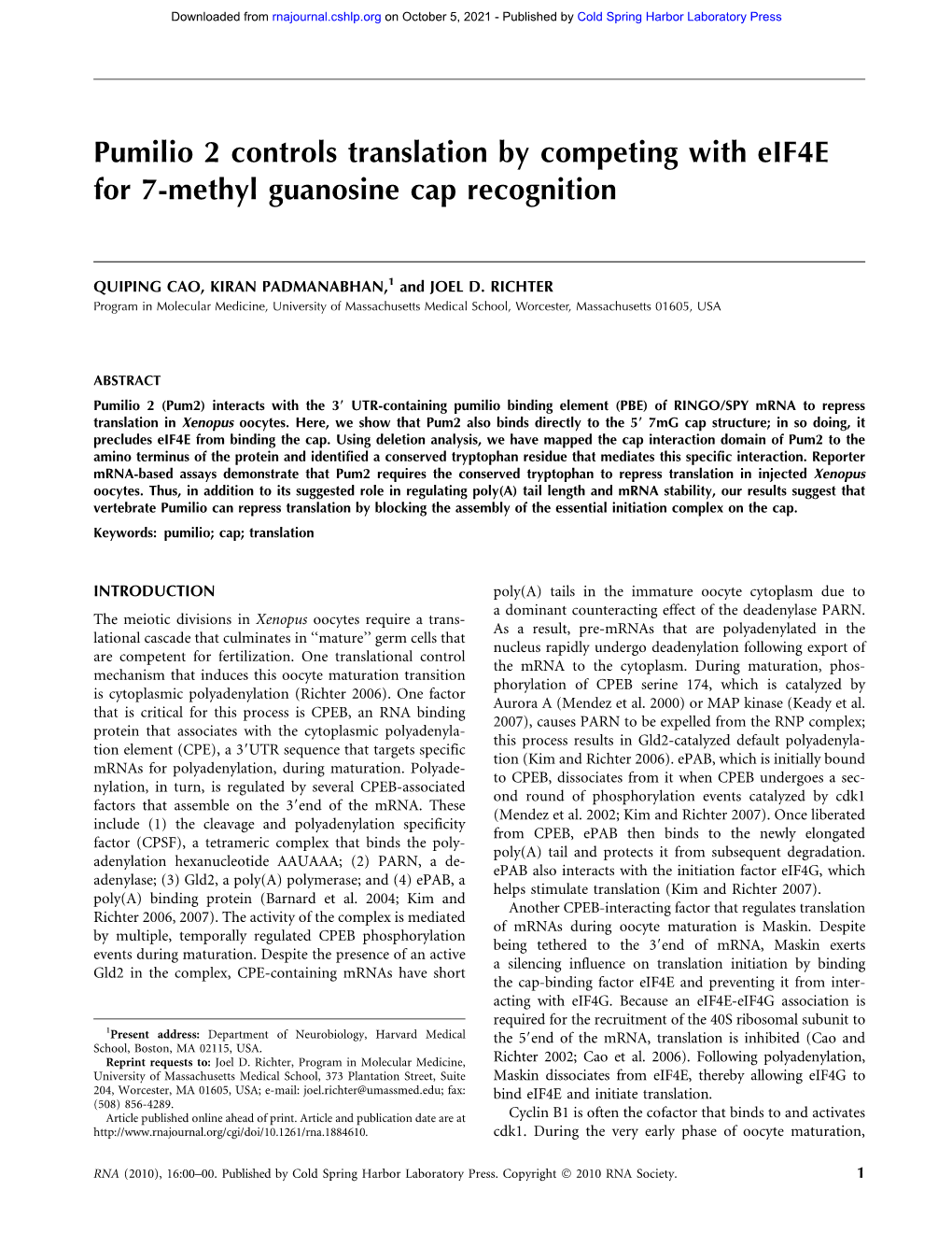 Pumilio 2 Controls Translation by Competing with Eif4e for 7-Methyl Guanosine Cap Recognition