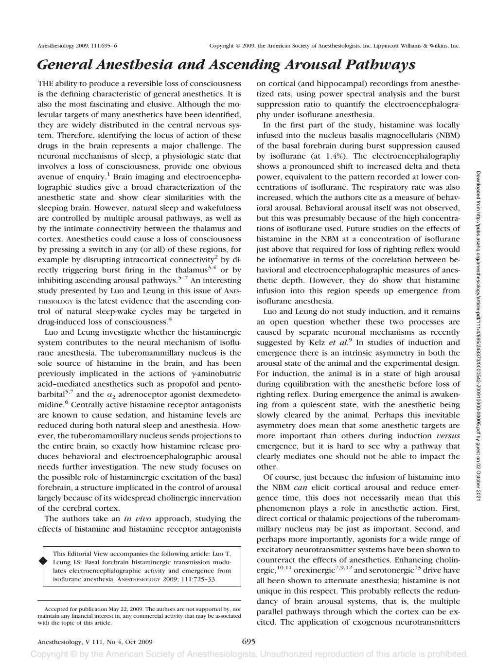 General Anesthesia and Ascending Arousal Pathways