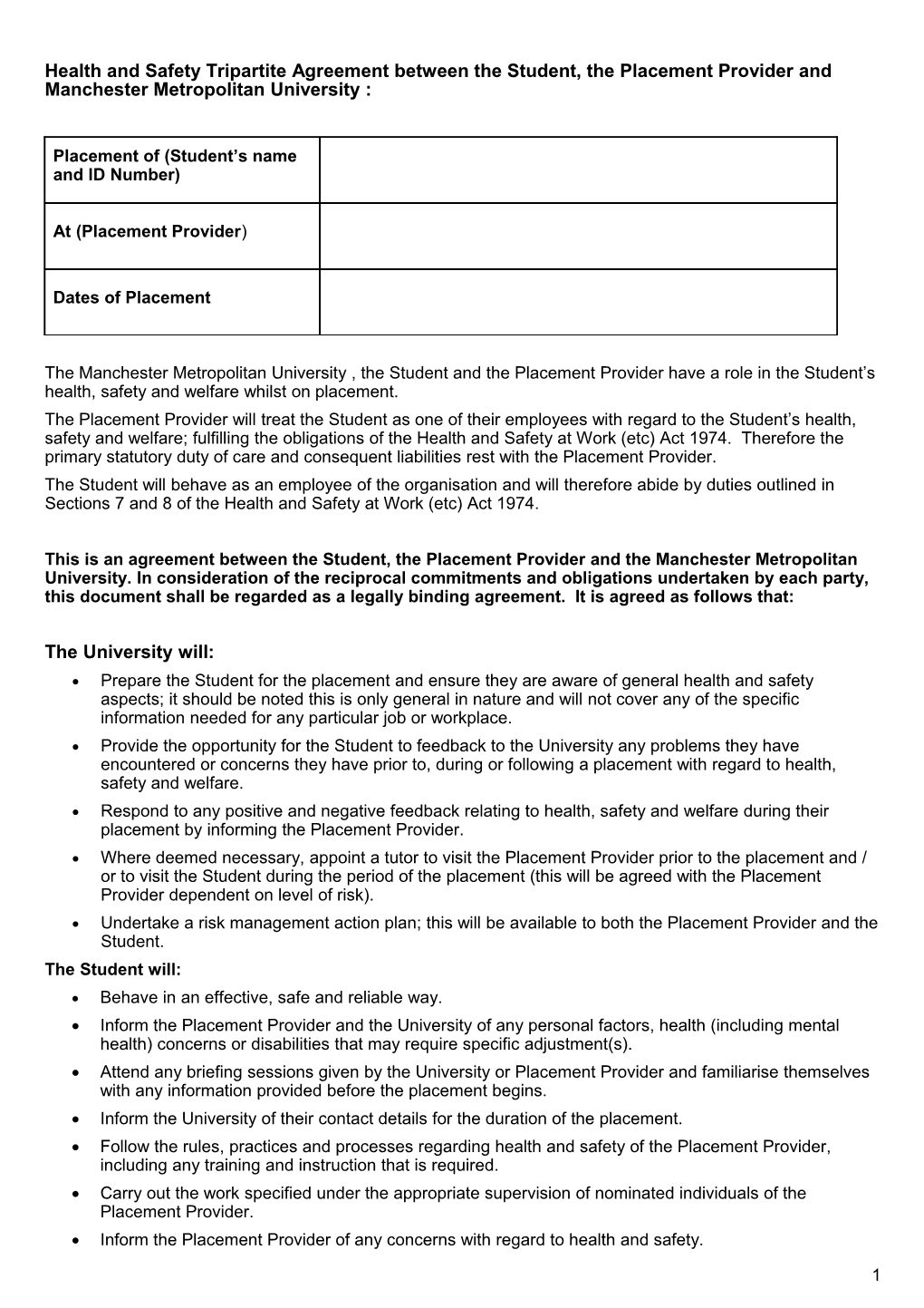 Health and Safety Tripartite Agreement Between the Student, the Placement Provider And