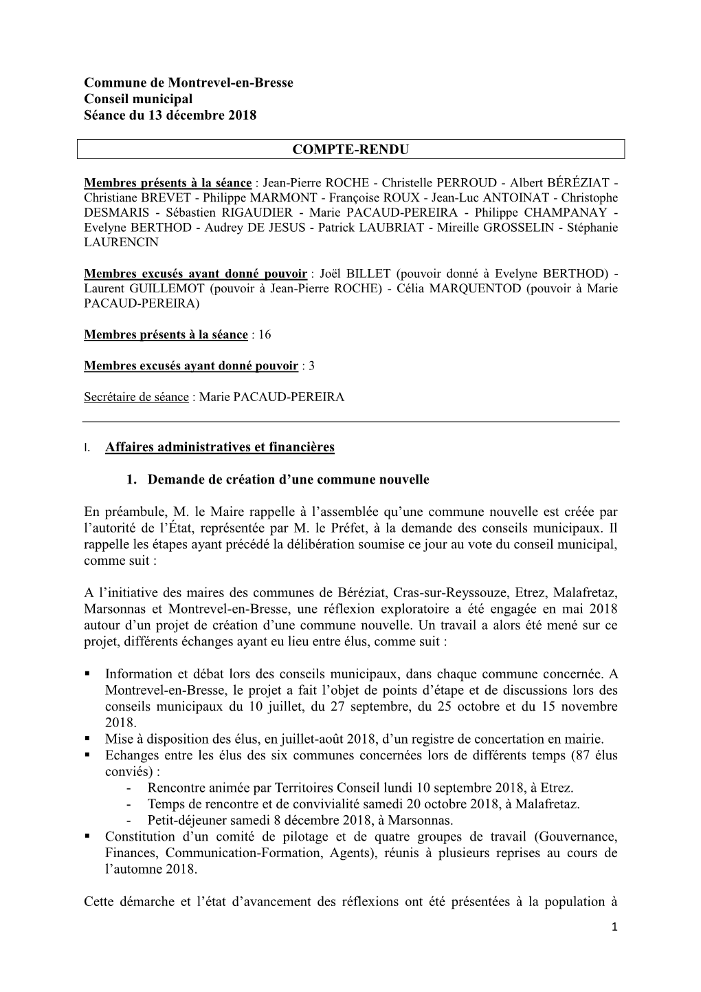 Commune De Montrevel-En-Bresse Conseil Municipal Séance Du 13 Décembre 2018
