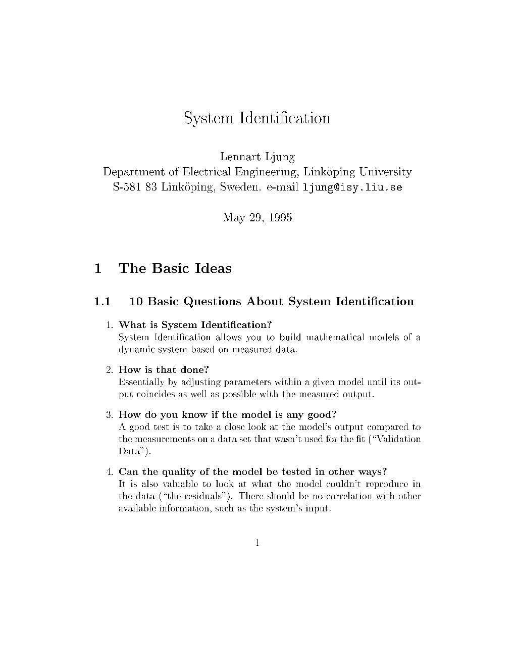 System Identification 1 the Basic Ideas