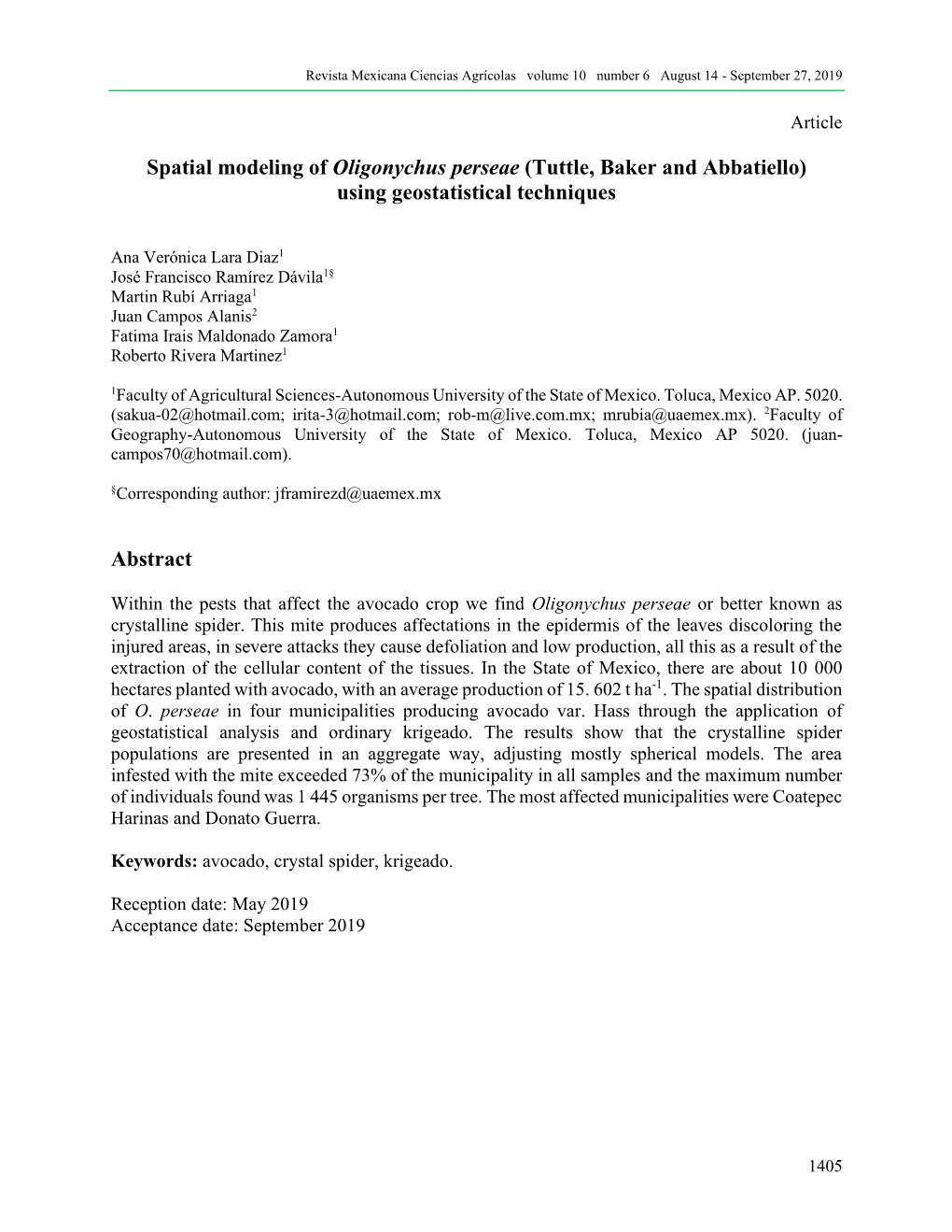 Spatial Modeling of Oligonychus Perseae (Tuttle, Baker and Abbatiello) Using Geostatistical Techniques