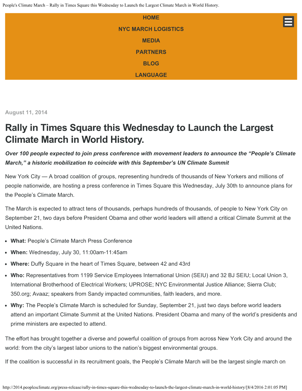 People's Climate March – Rally in Times Square This Wednesday to Launch the Largest Climate March in World History