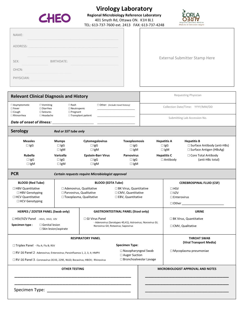 Regional Virology Laboratory Requisition Form