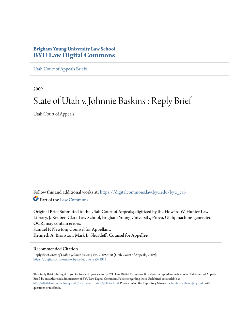 State of Utah V. Johnnie Baskins : Reply Brief Utah Court of Appeals