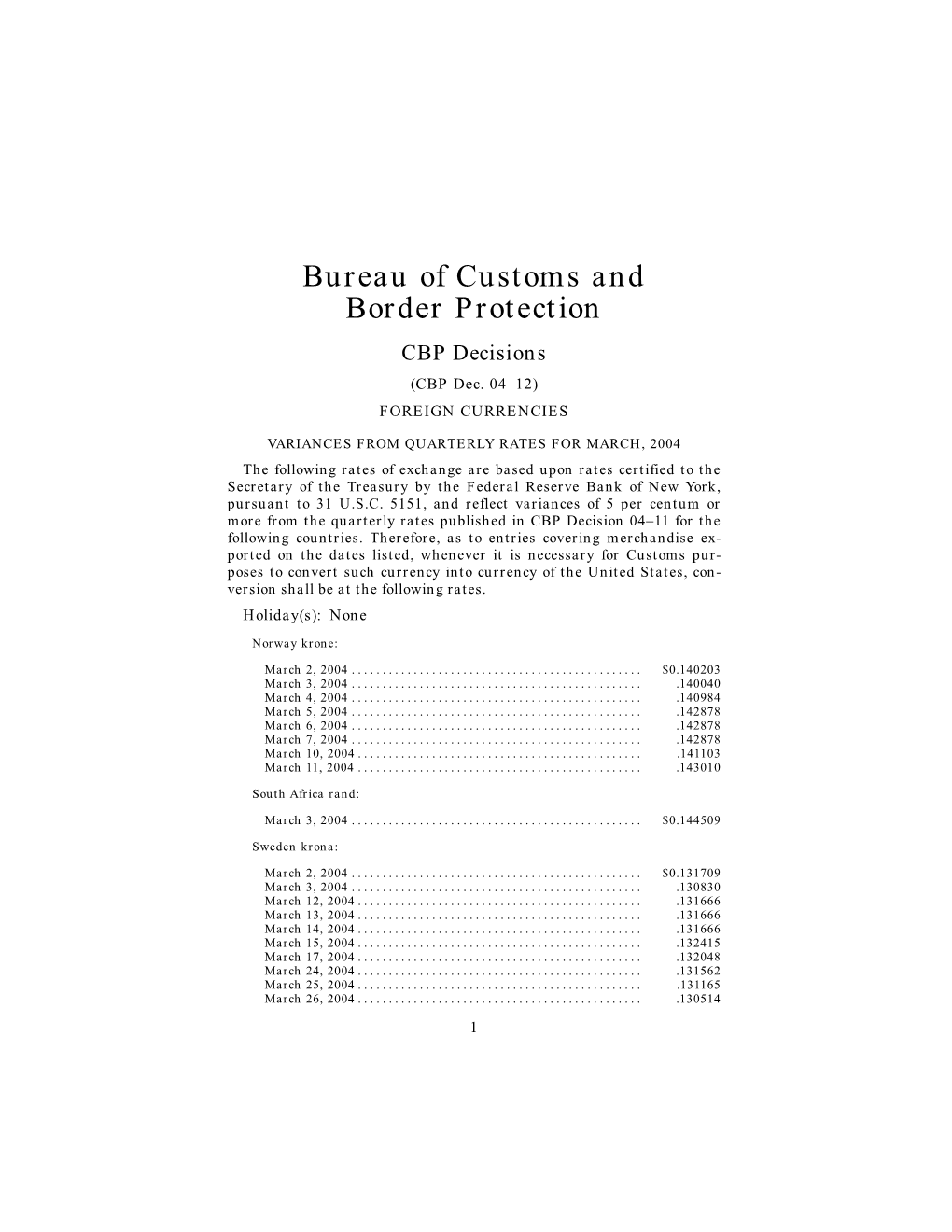 Bureau of Customs and Border Protection CBP Decisions (CBP Dec