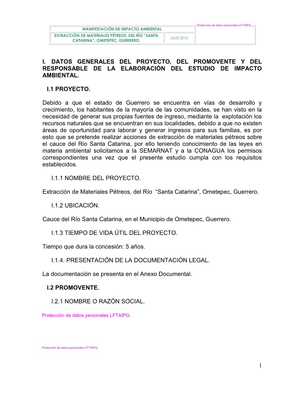 1 I. Datos Generales Del Proyecto, Del Promovente