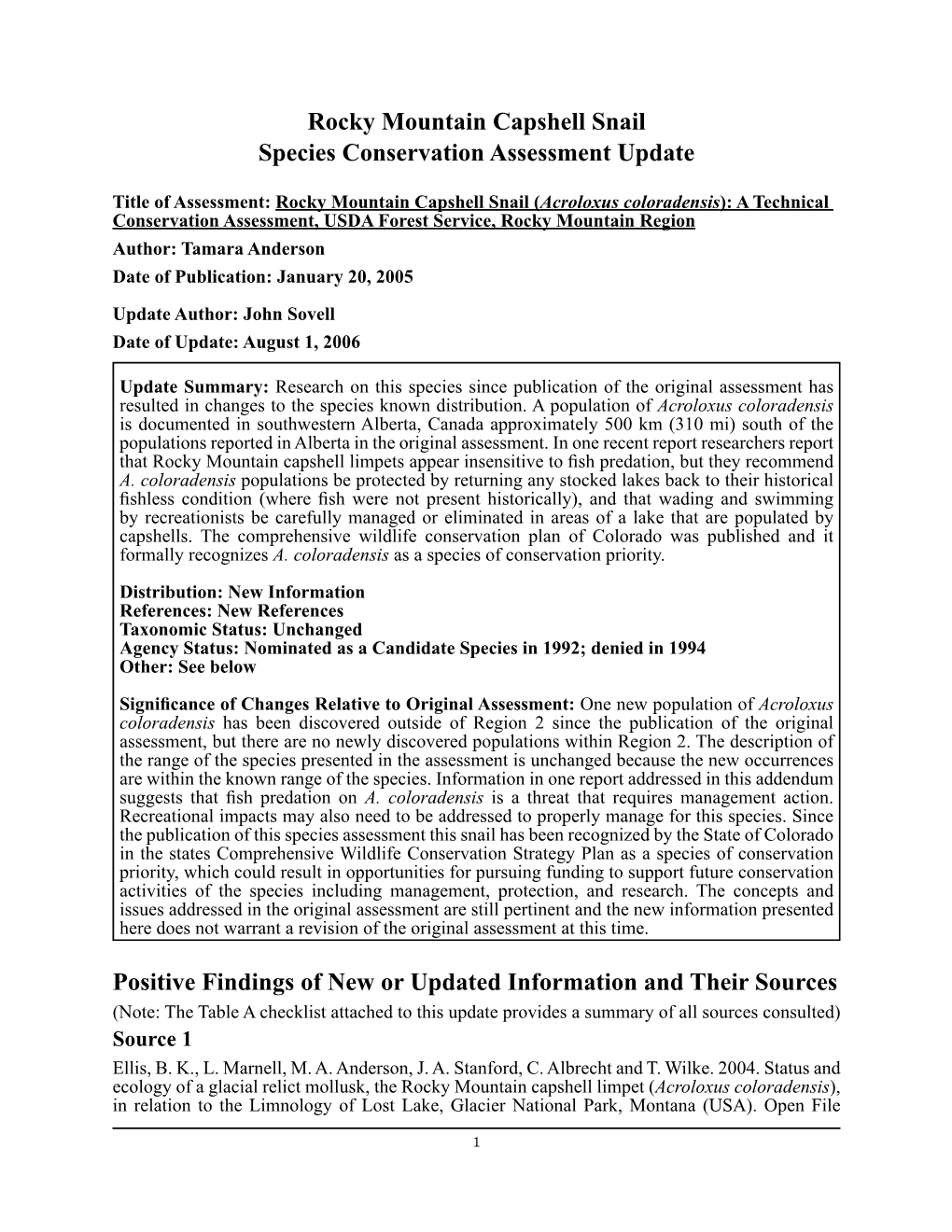 Rocky Mountain Capshell Snail Species Conservation Assessment Update