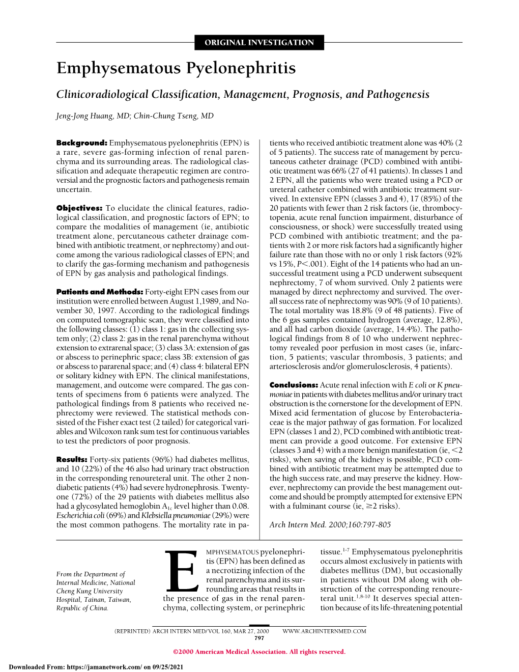 Emphysematous Pyelonephritis Clinicoradiological Classification, Management, Prognosis, and Pathogenesis