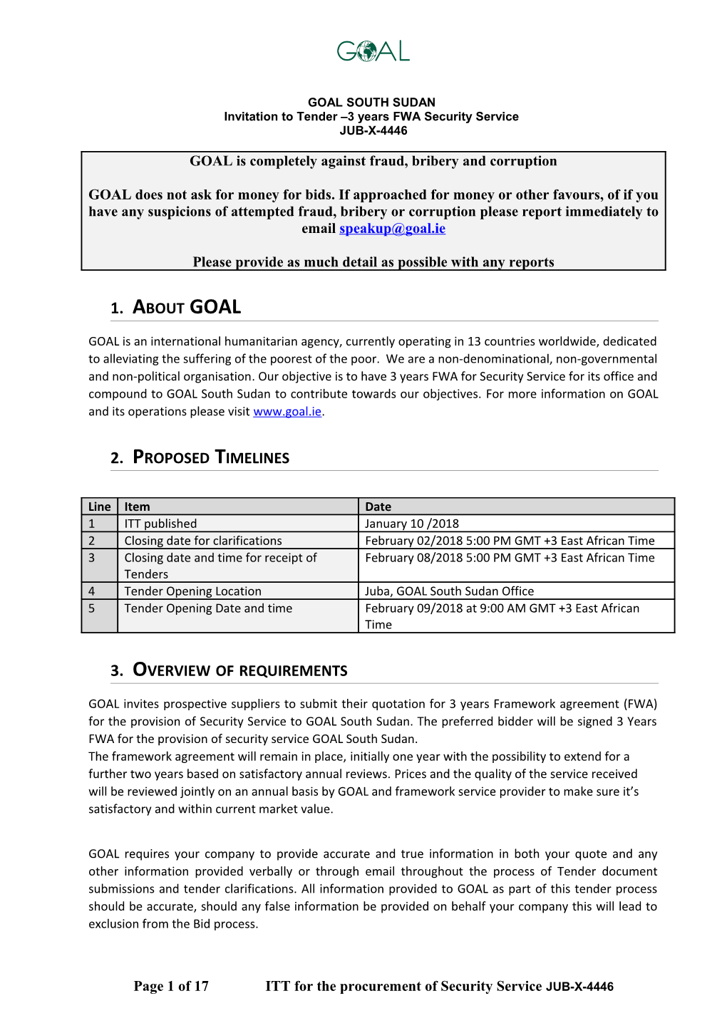 Invitation to Tender 3 Years FWA Security Service