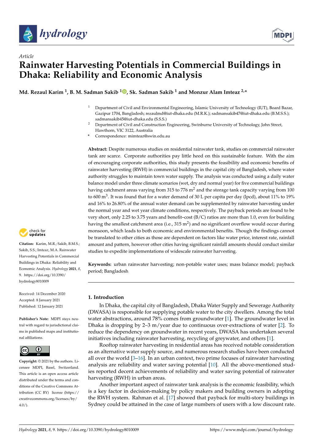 Rainwater Harvesting Potentials in Commercial Buildings in Dhaka: Reliability and Economic Analysis