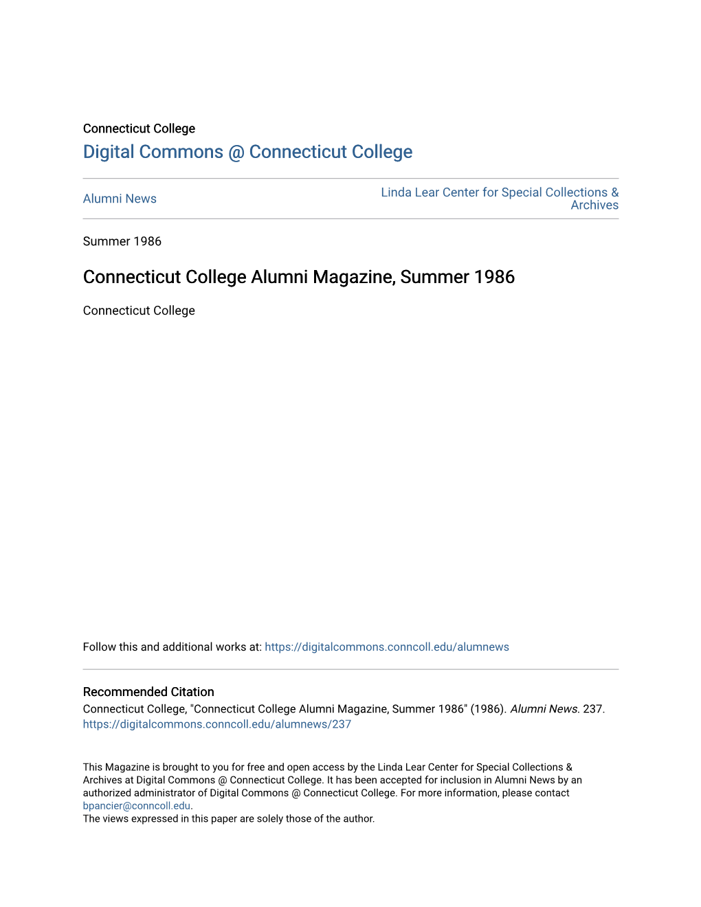 Connecticut College Alumni Magazine, Summer 1986