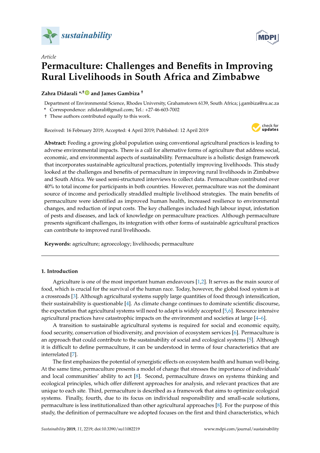 Permaculture: Challenges and Beneﬁts in Improving Rural Livelihoods in South Africa and Zimbabwe