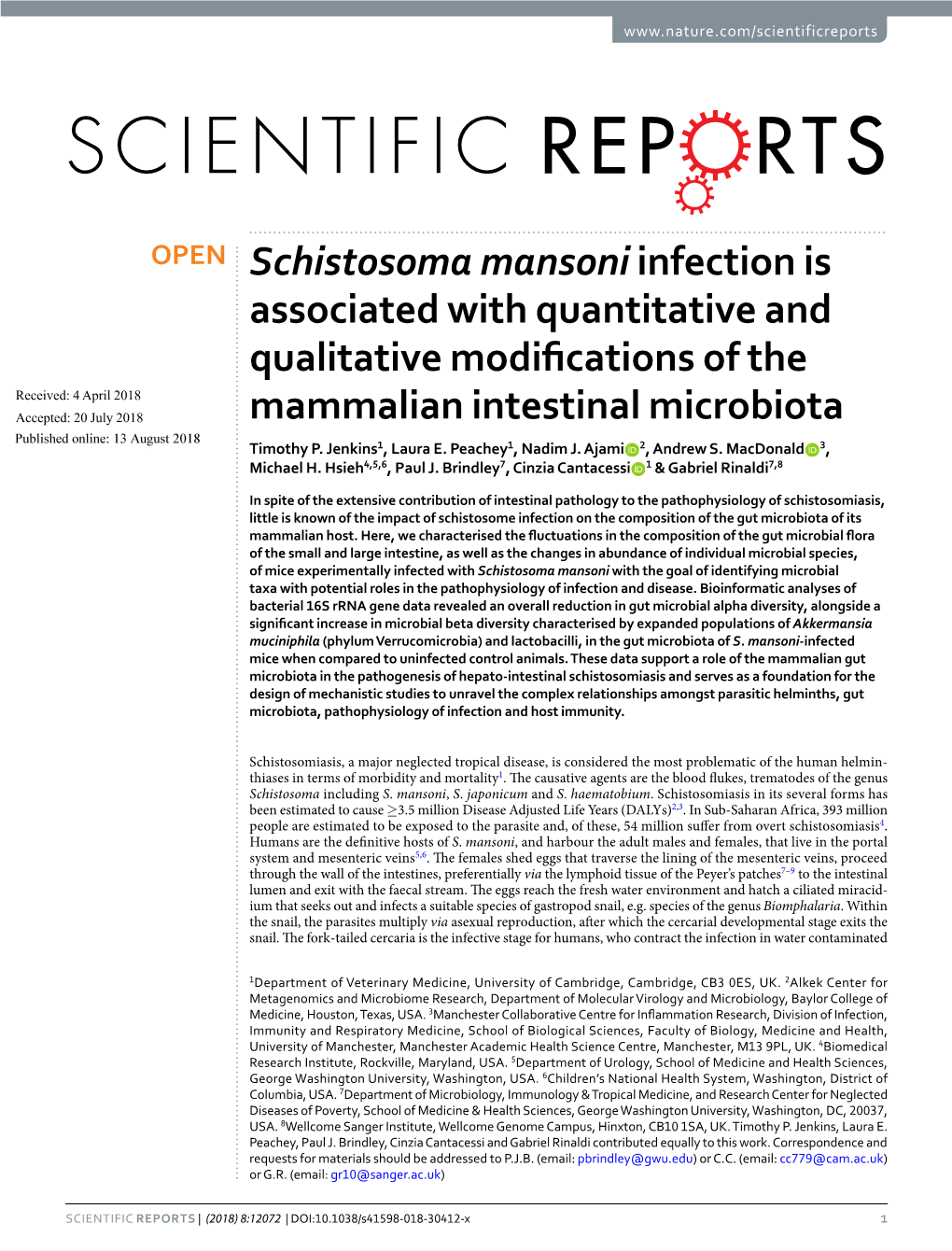 Schistosoma Mansoni Infection Is Associated with Quantitative and Qualitative Modifications of the Mammalian Intestinal Microbio