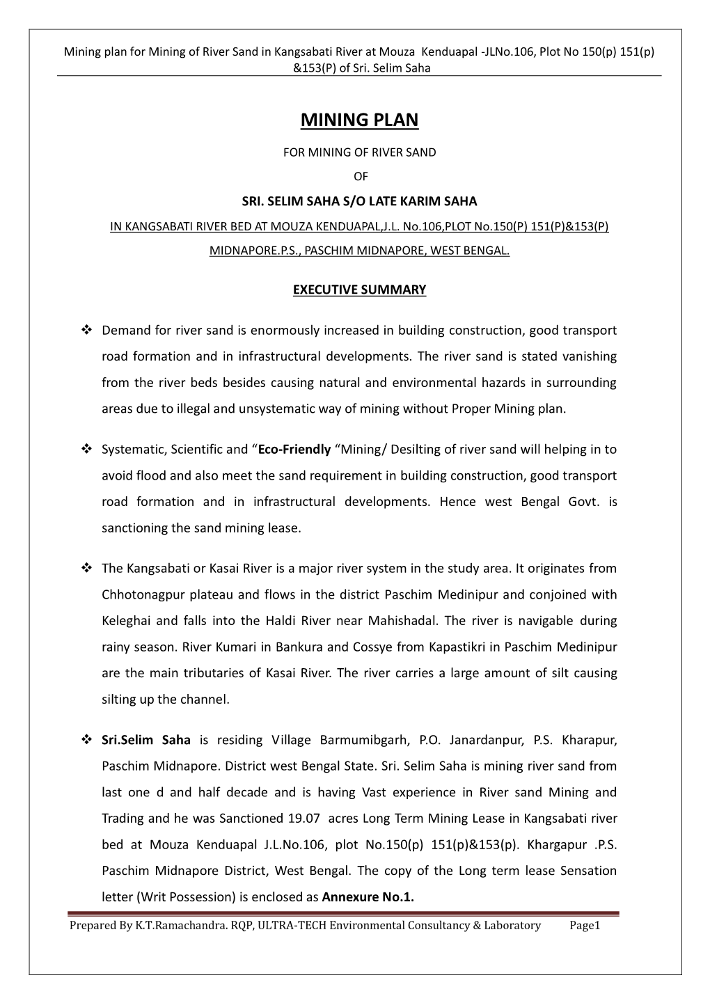 Mining Plan for Mining of River Sand in Kangsabati River at Mouza Kenduapal -Jlno.106, Plot No 150(P) 151(P) &153(P) of Sri