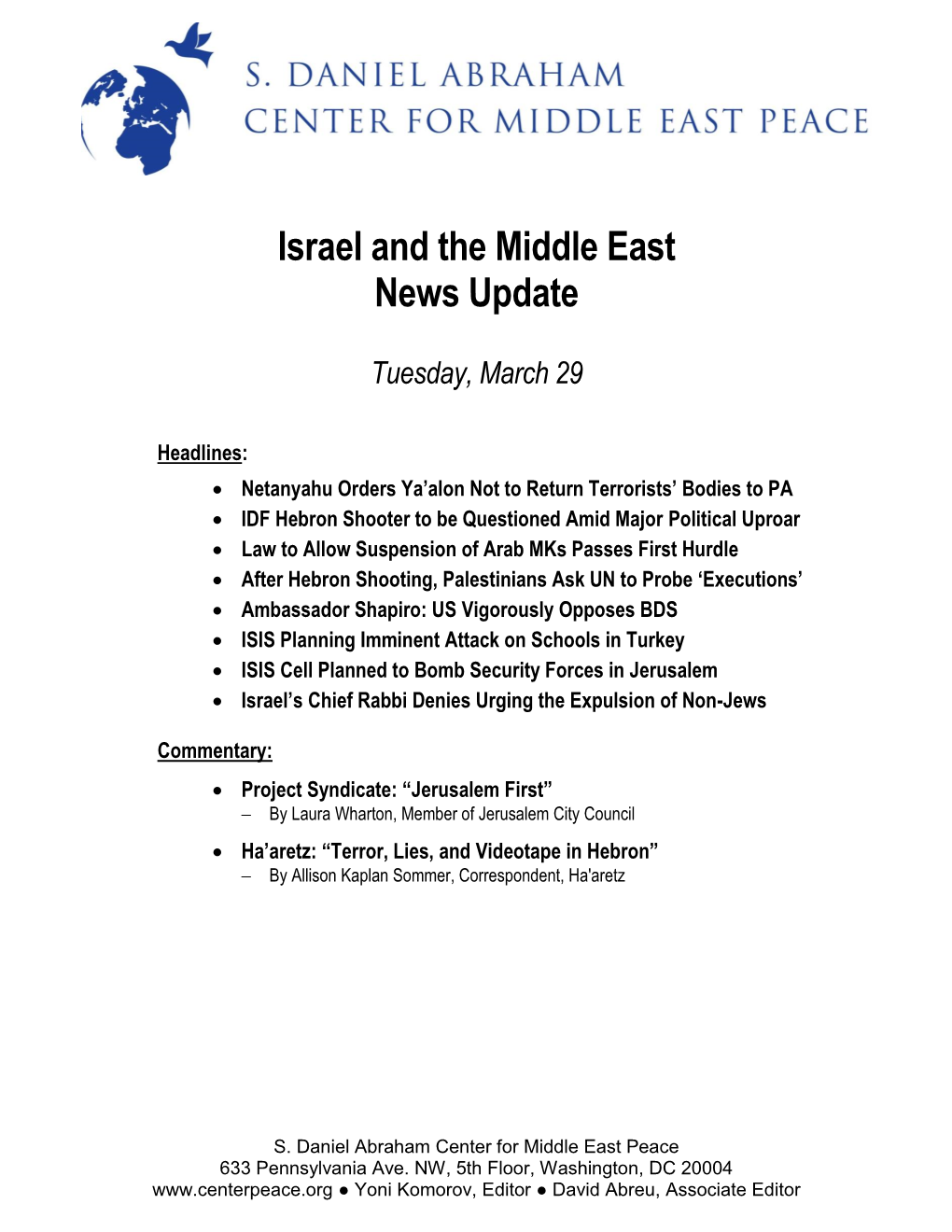 Israel and the Middle East News Update