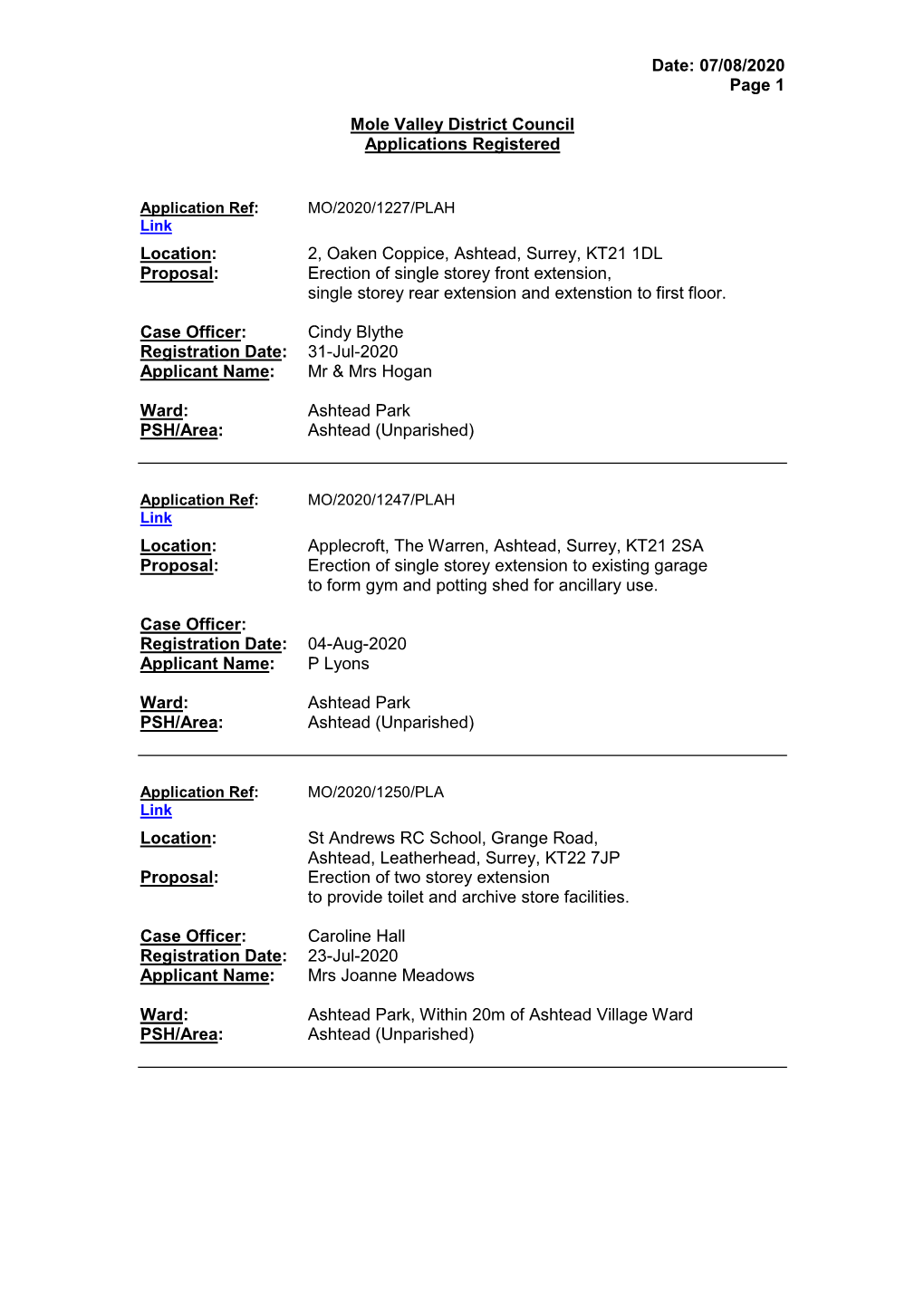 Date: 07/08/2020 Page 1 Mole Valley District Council Applications