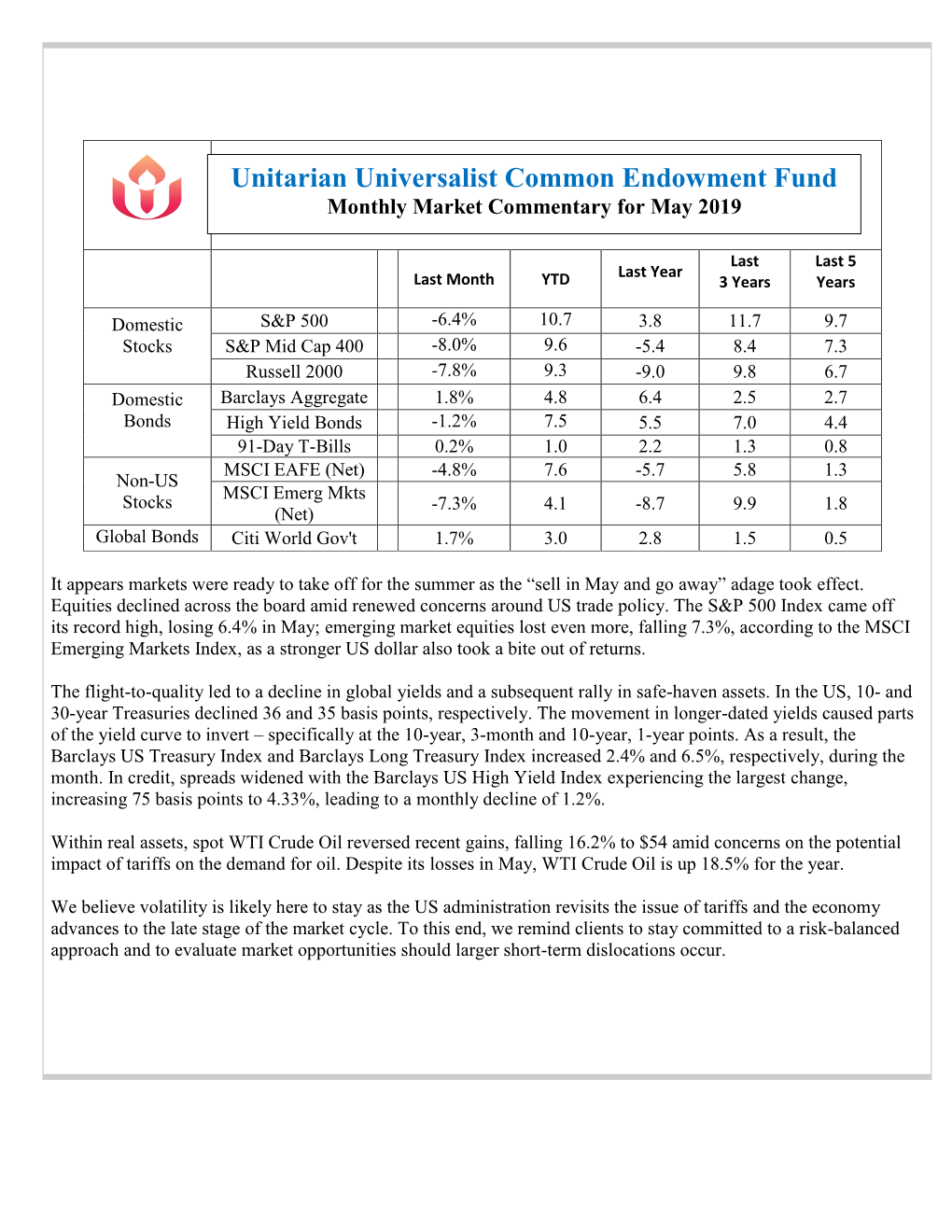 Unitarian Universalist Common Endowment Fund Monthly Market Commentary for May 2019