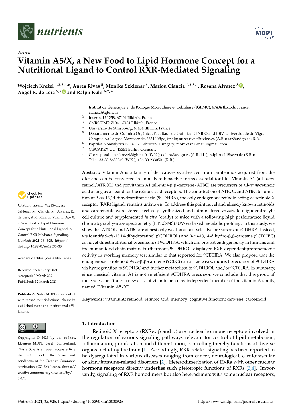 Vitamin A5/X, a New Food to Lipid Hormone Concept for a Nutritional Ligand to Control RXR-Mediated Signaling