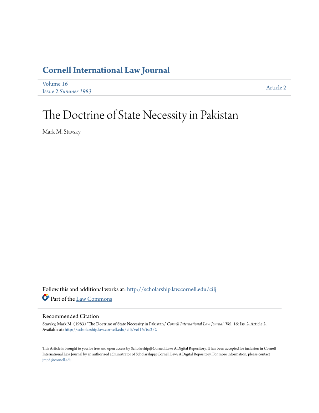 The Doctrine of State Necessity in Pakistan