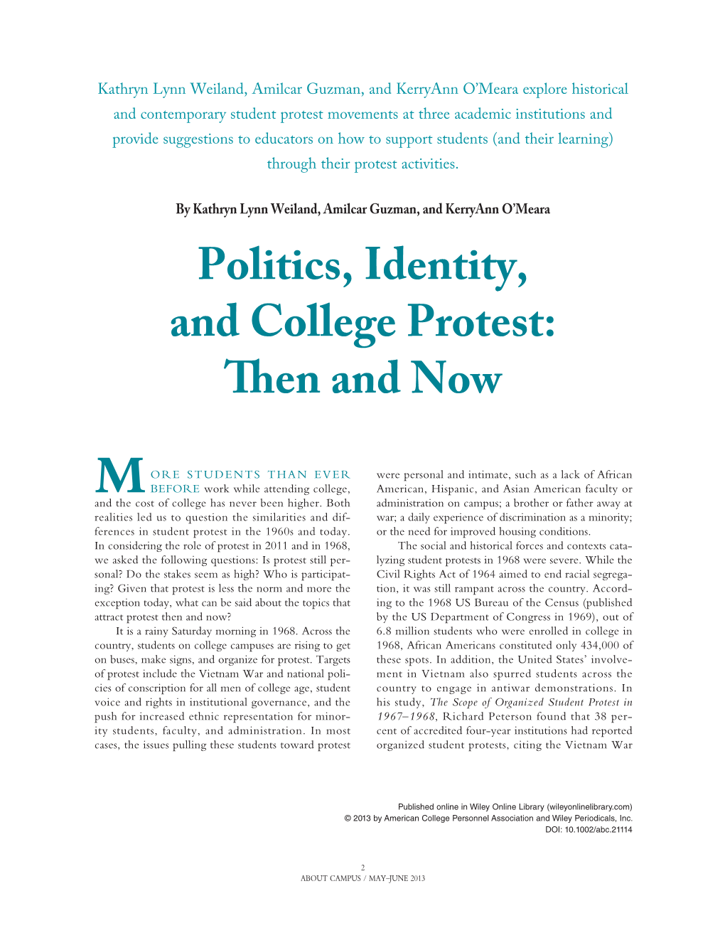 Politics, Identity, and College Protest: Th En and Now