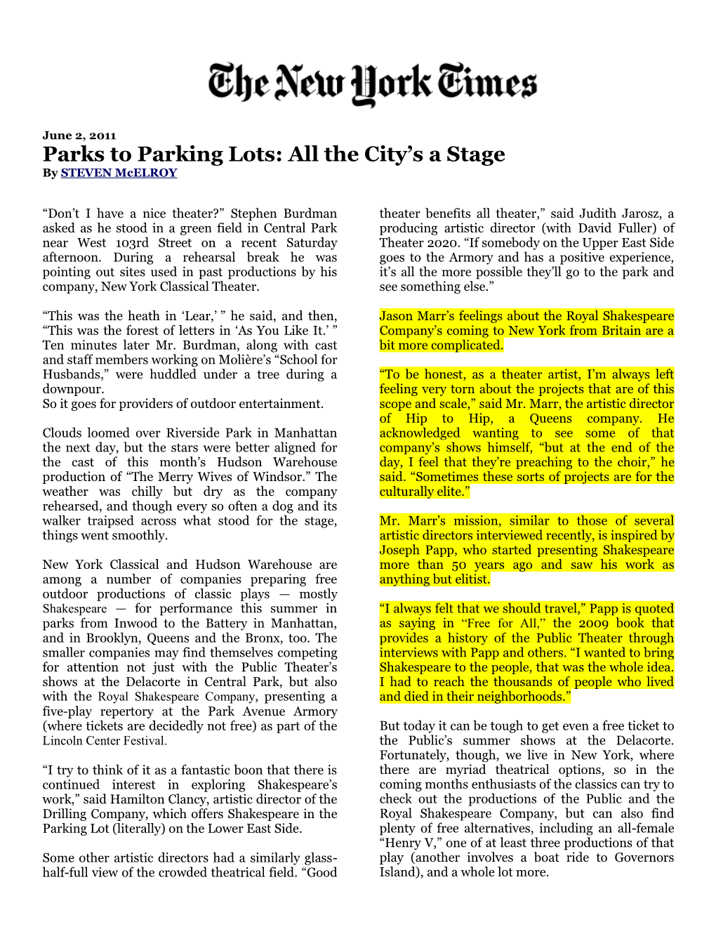 Parks to Parking Lots: All the City's a Stage