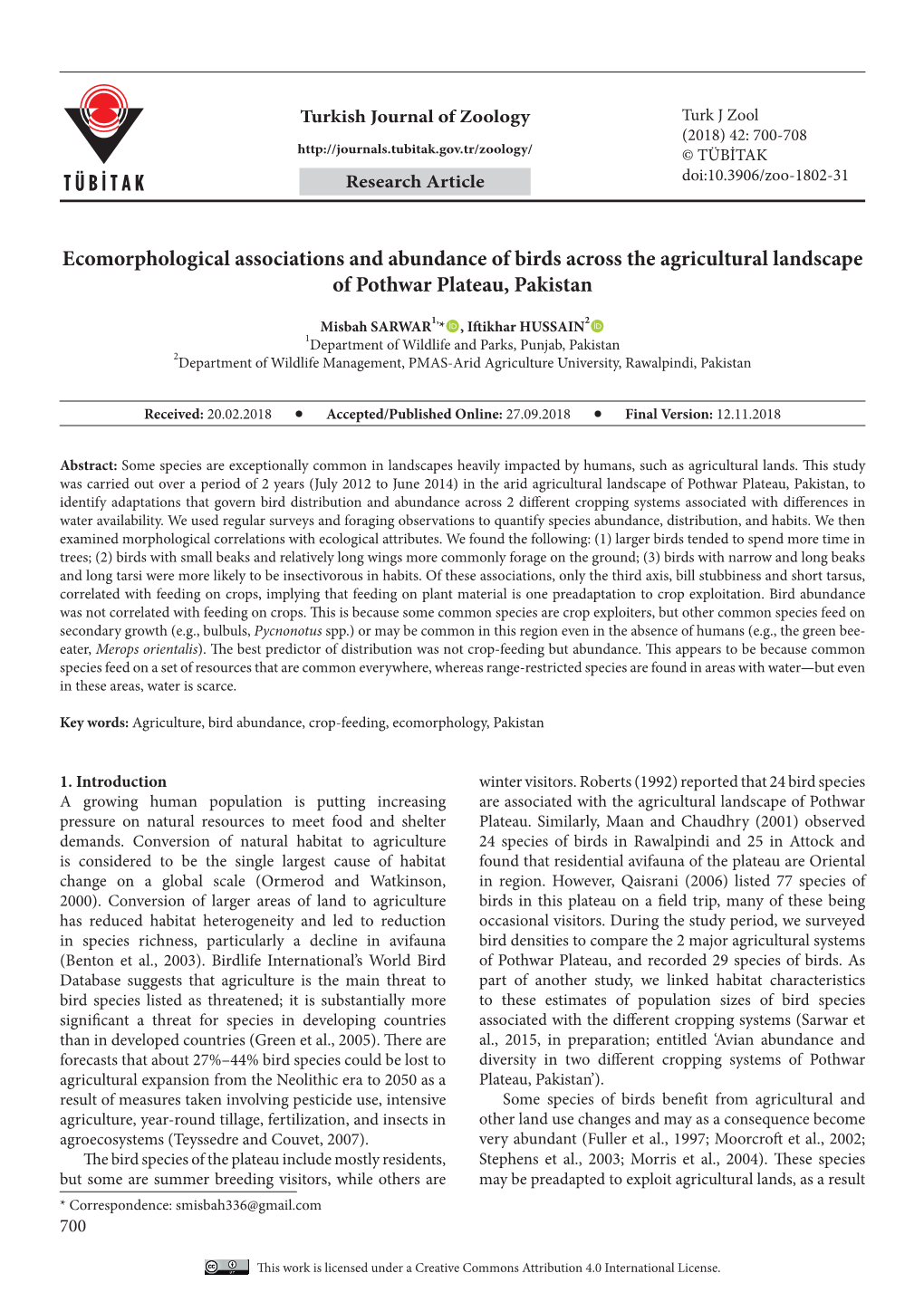 Ecomorphological Associations and Abundance of Birds Across the Agricultural Landscape of Pothwar Plateau, Pakistan