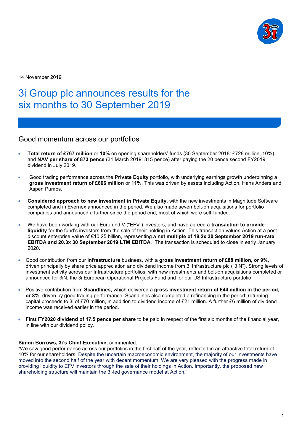 3I Group Plc Announces Results for the Six Months to 30 September 2019
