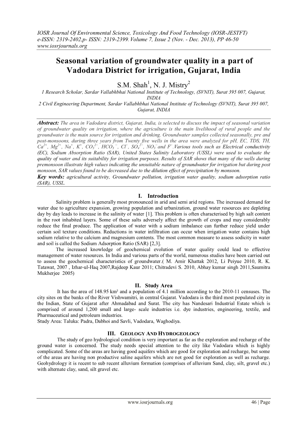 Seasonal Variation of Groundwater Quality in a Part of Vadodara District for Irrigation, Gujarat, India