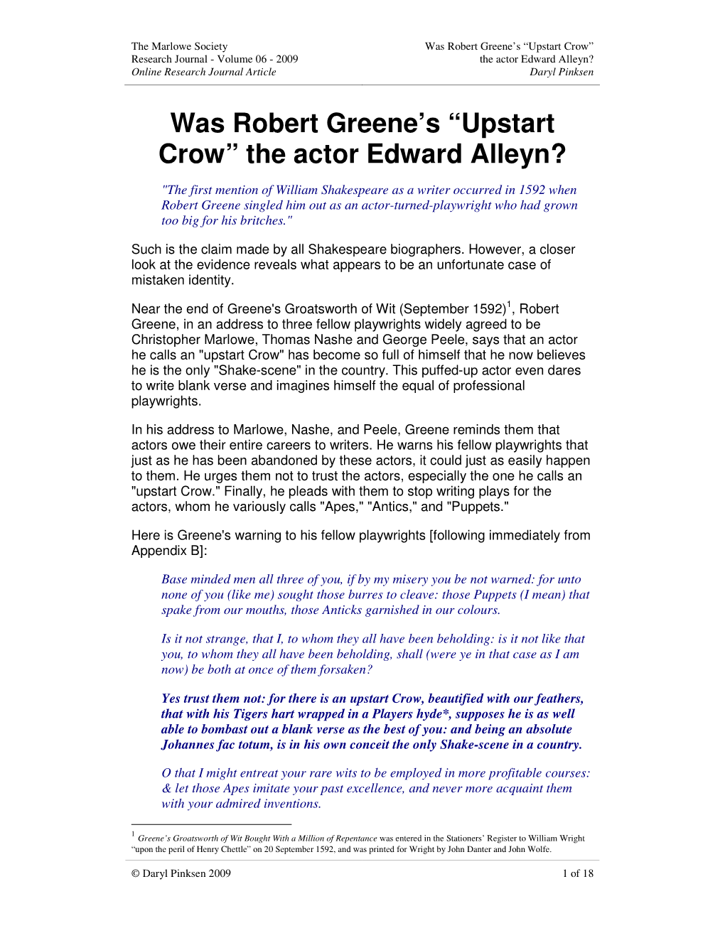 Was Robert Greene's “Upstart Crow” the Actor Edward Alleyn?