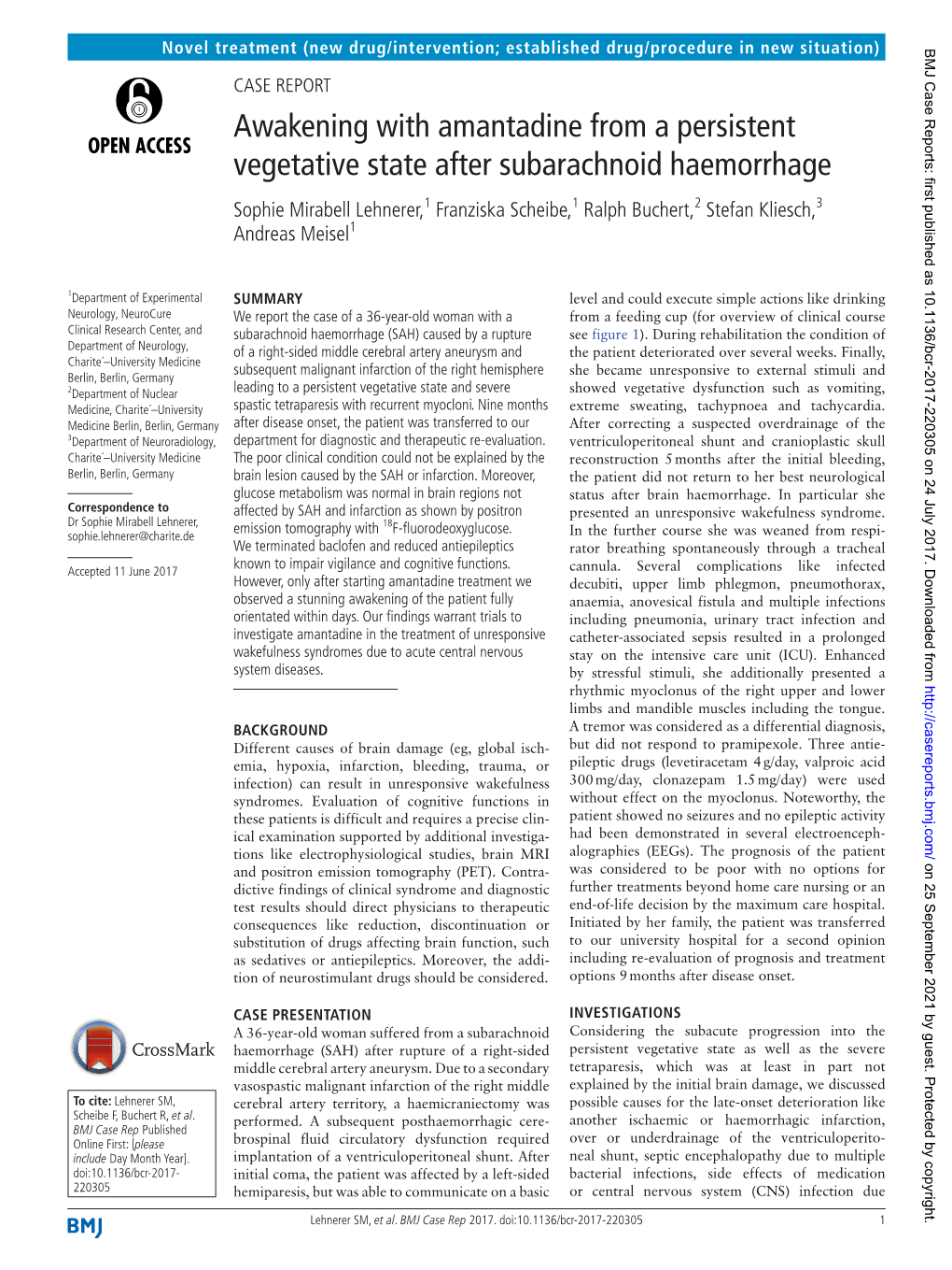 Awakening with Amantadine from a Persistent Vegetative State After Subarachnoid Haemorrhage