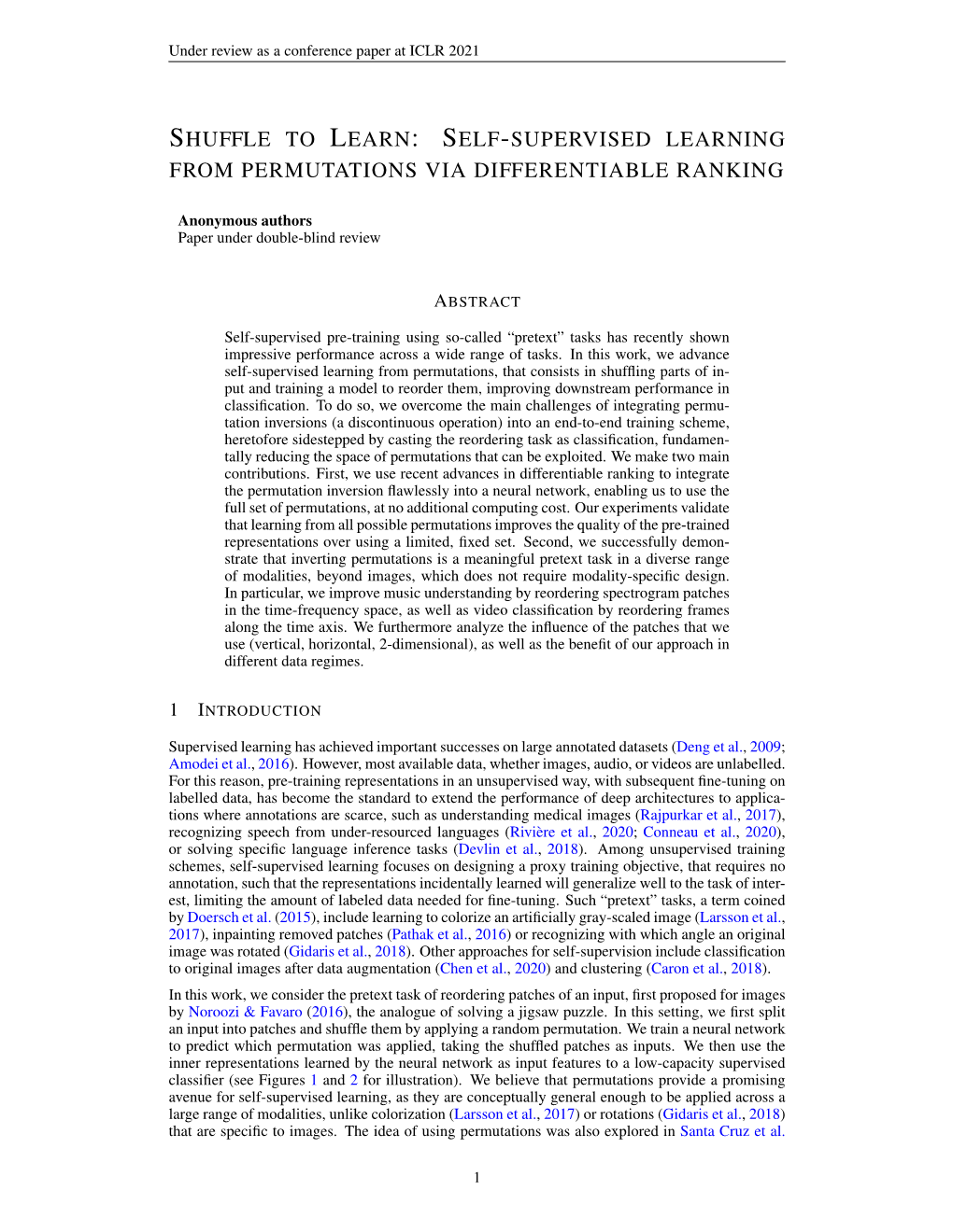 Self-Supervised Learning from Permutations Via Differentiable Ranking