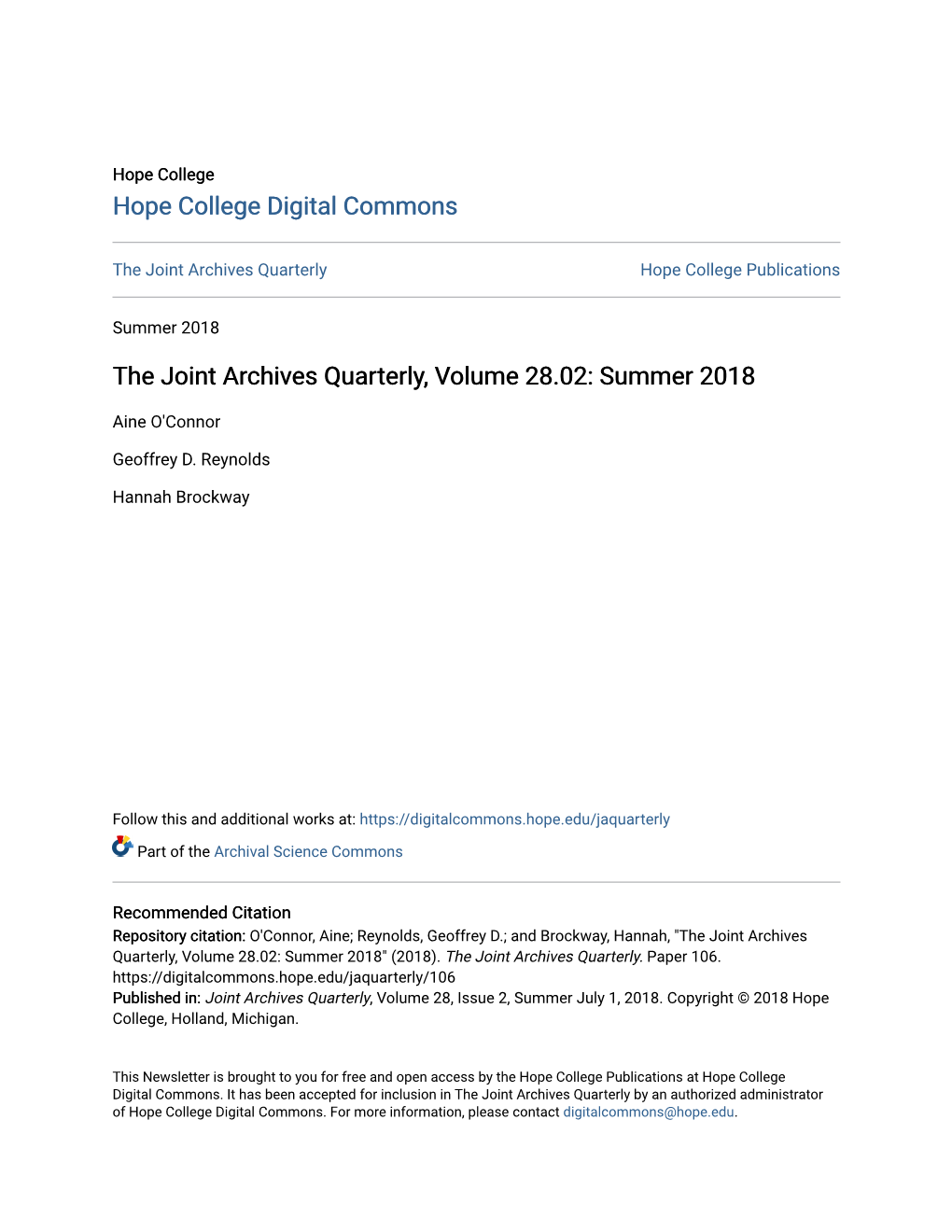 The Joint Archives Quarterly, Volume 28.02: Summer 2018