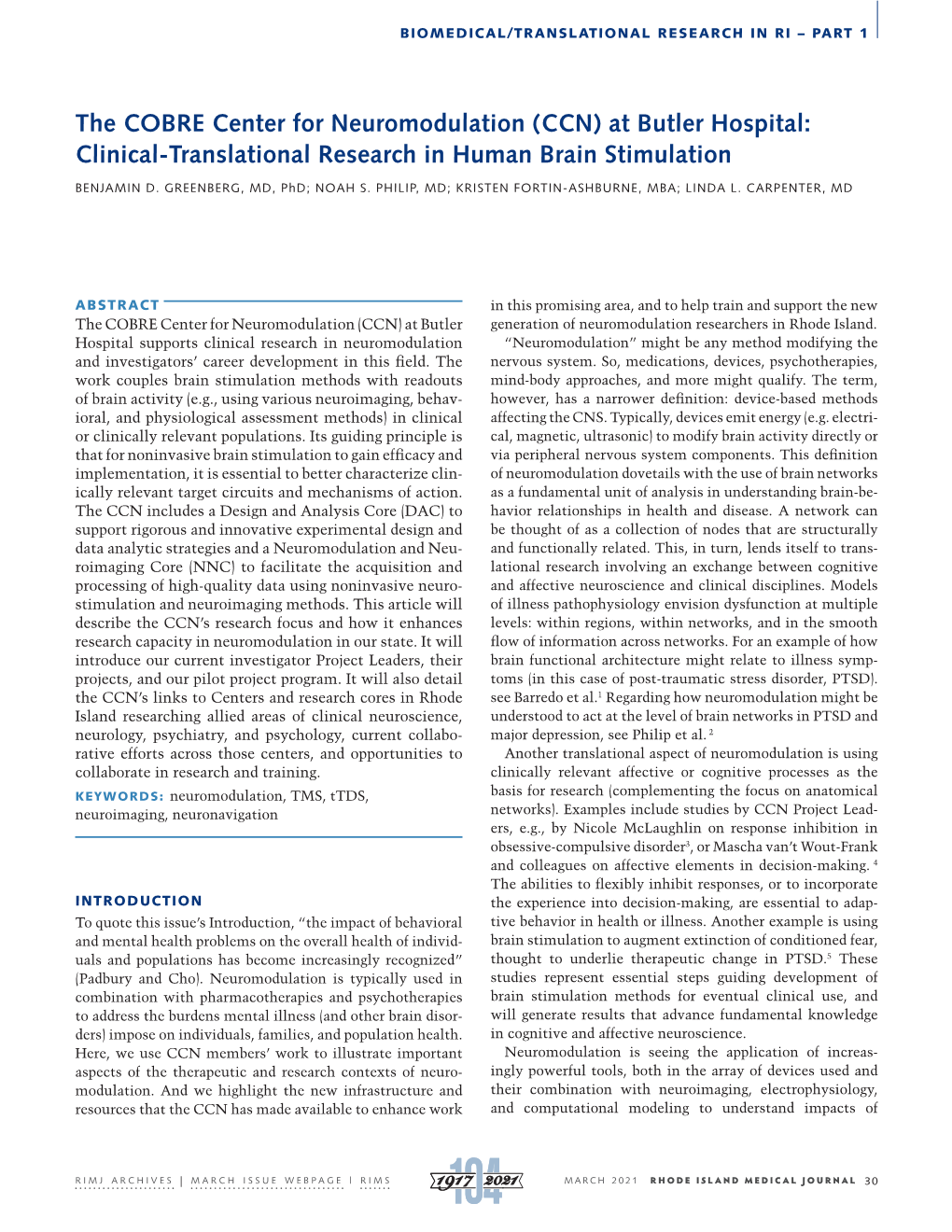 The COBRE Center for Neuromodulation (CCN) at Butler Hospital: Clinical-Translational Research in Human Brain Stimulation