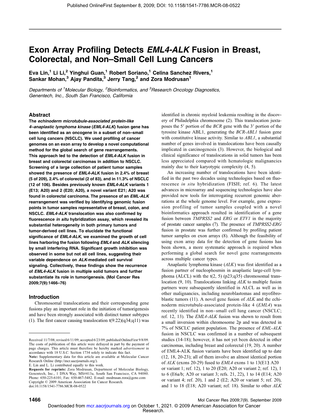 Exon Array Profiling Detects EML4-ALK Fusion in Breast, Colorectal, and Non–Small Cell Lung Cancers