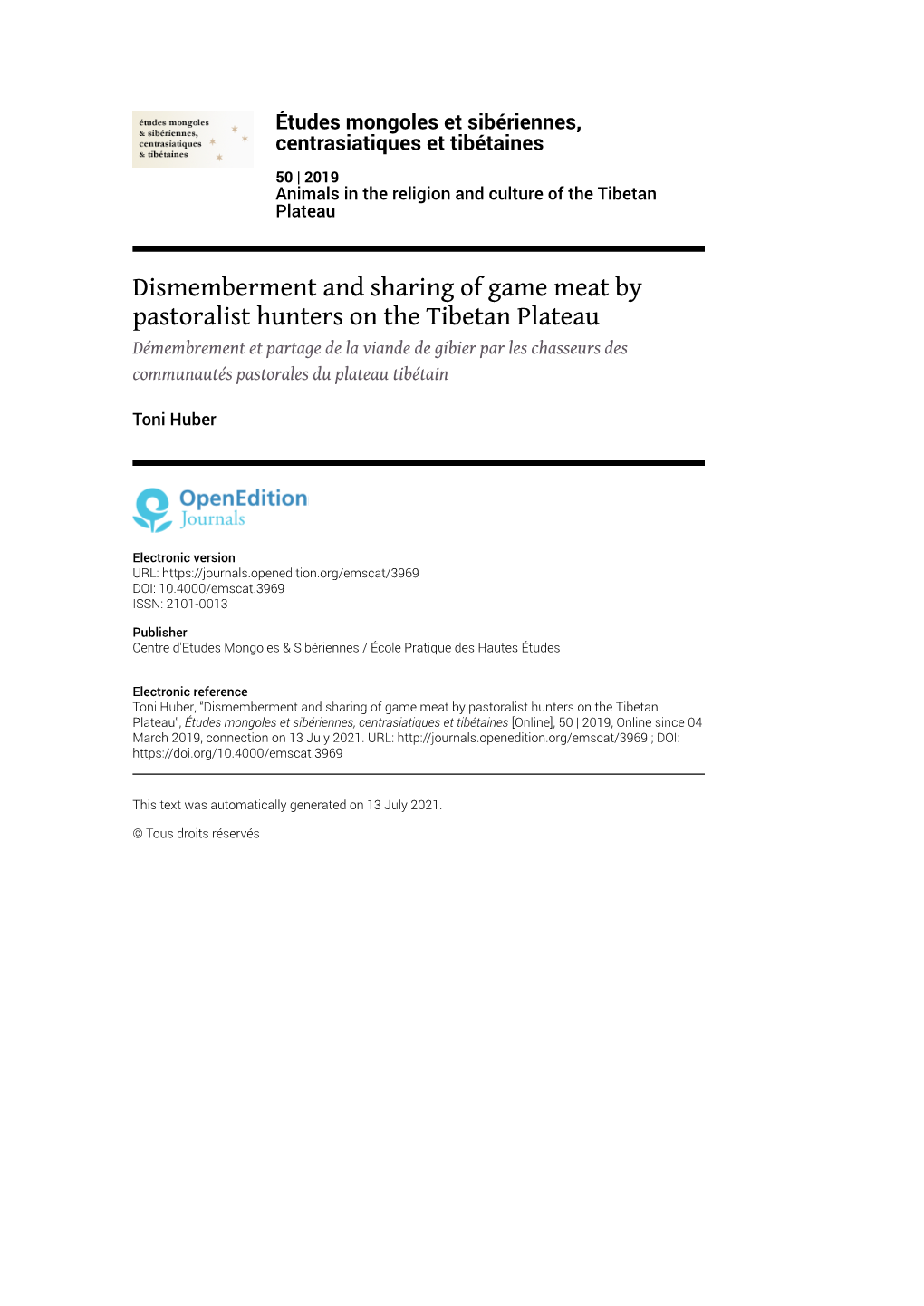 Études Mongoles Et Sibériennes, Centrasiatiques Et Tibétaines, 50 | 2019 Dismemberment and Sharing of Game Meat by Pastoralist Hunters on the Tibetan