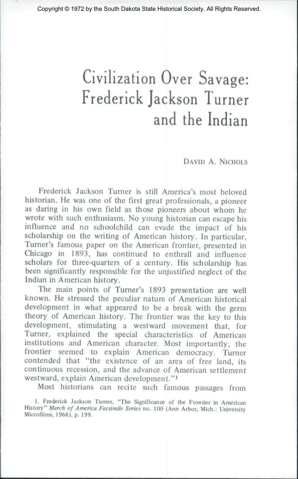 Civilization Over Savage: Frederick Jackson Turner and the Indian