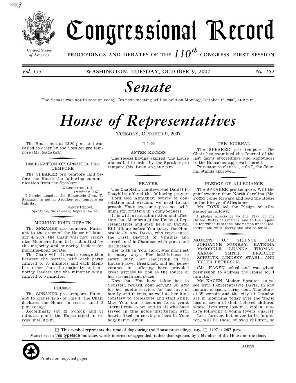 Congressional Record United States Th of America PROCEEDINGS and DEBATES of the 110 CONGRESS, FIRST SESSION