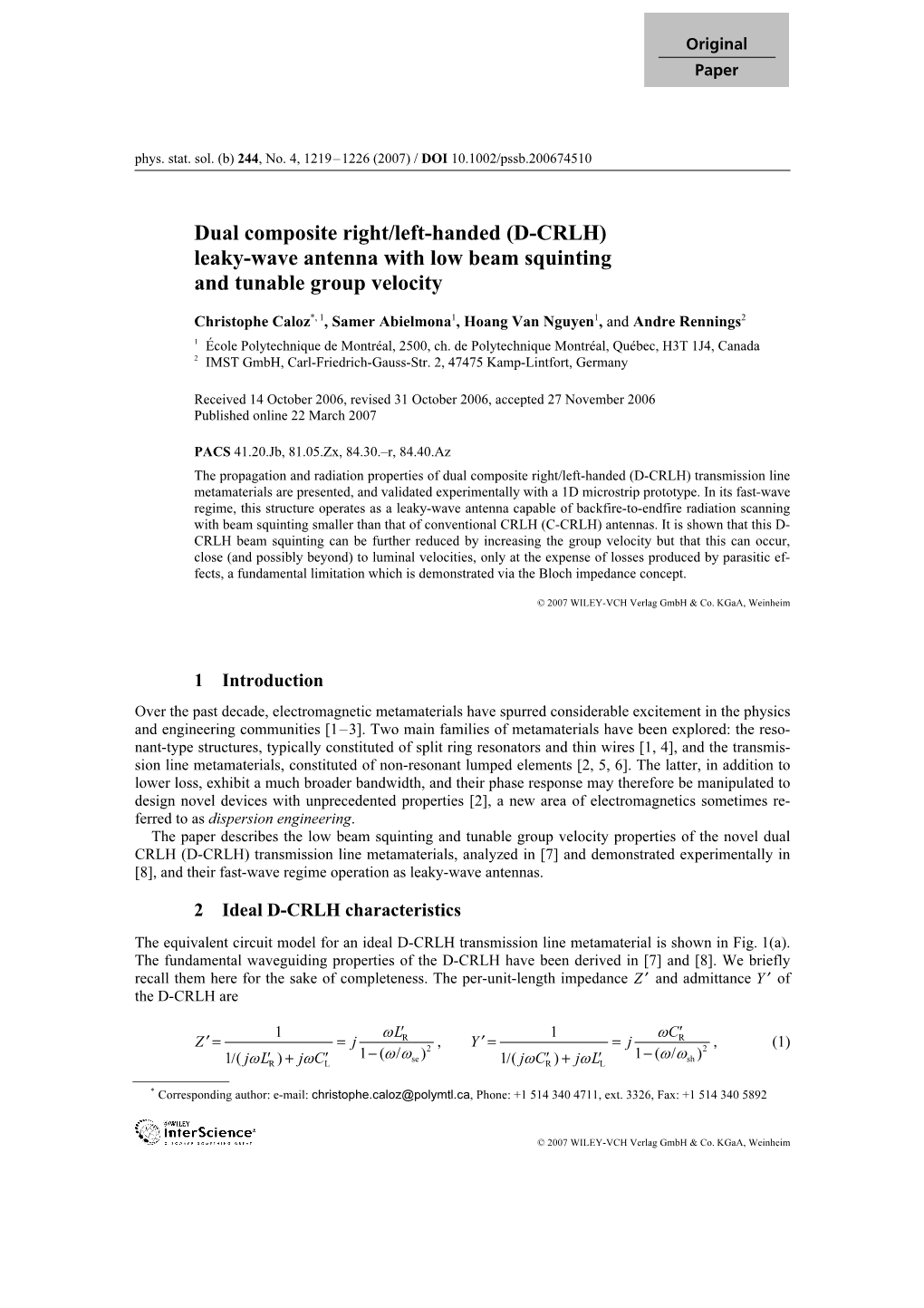 (D-CRLH) Leaky-Wave Antenna with Low Beam Squinting and Tunable Group Velocity