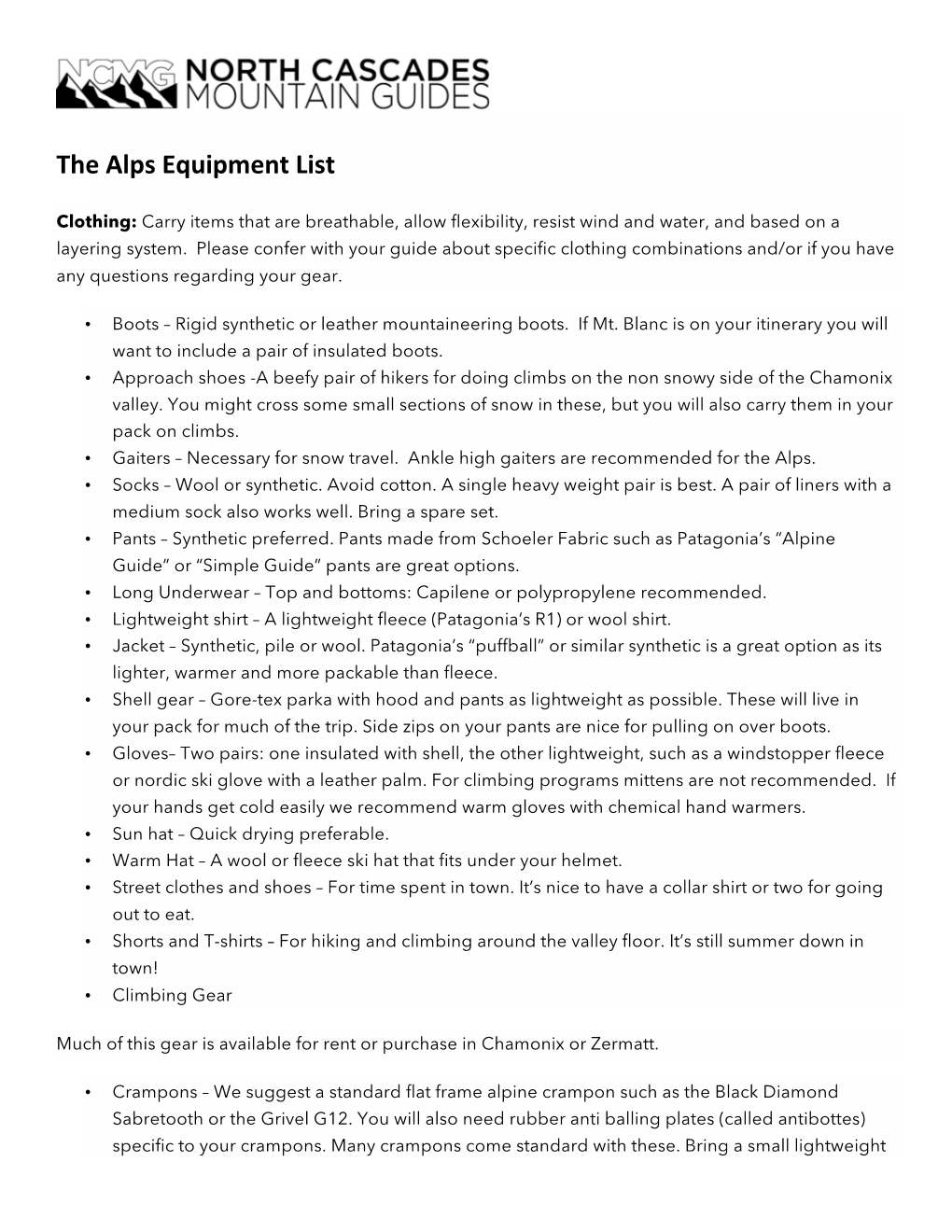 The Alps Equipment List