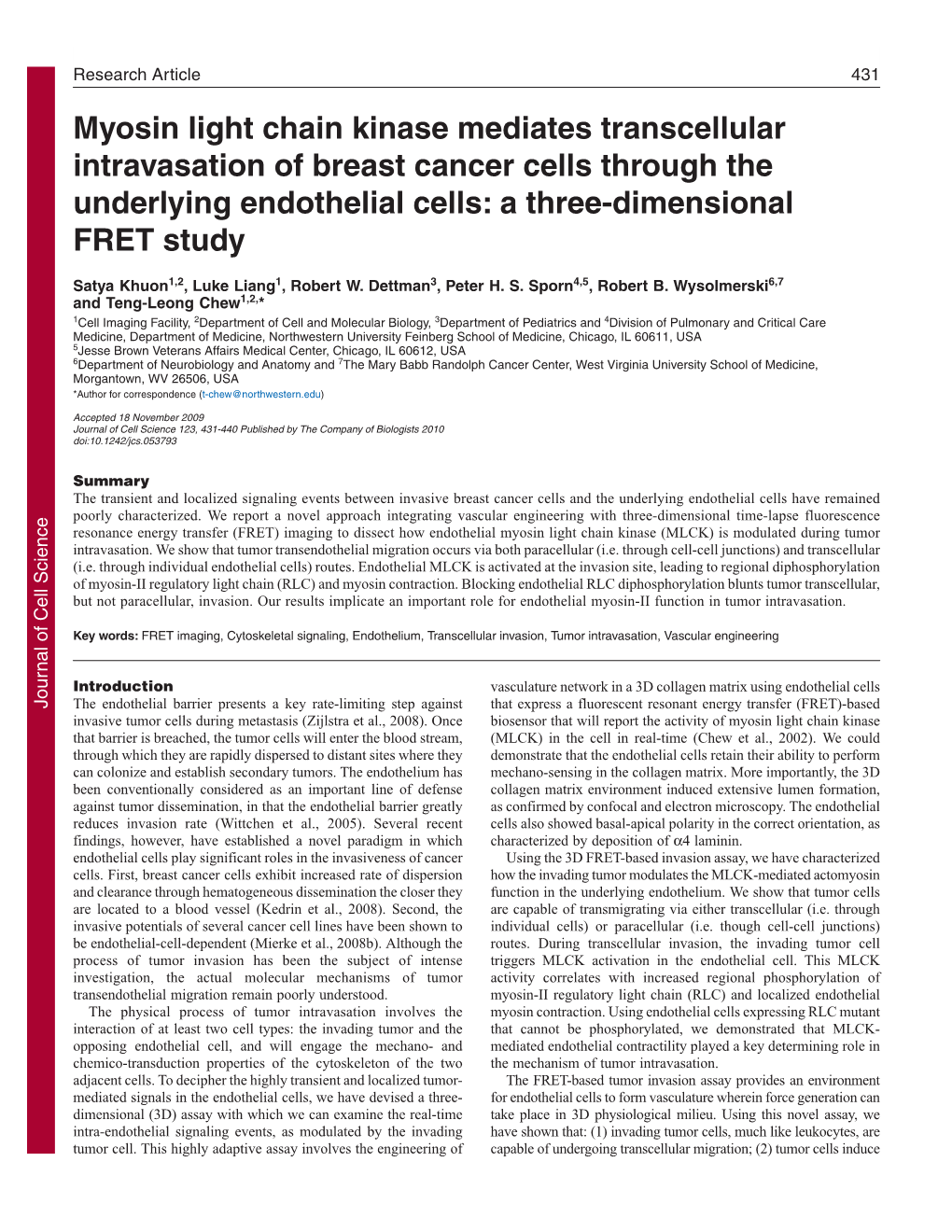 Myosin Light Chain Kinase Mediates Transcellular Intravasation of Breast Cancer Cells Through the Underlying Endothelial Cells: a Three-Dimensional FRET Study