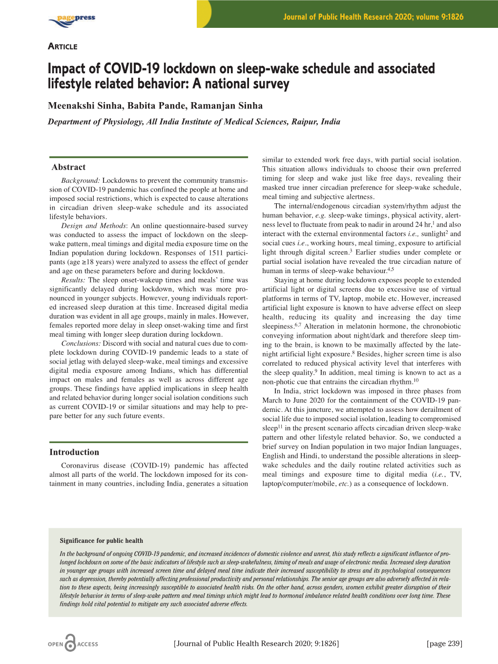 Impact of COVID-19 Lockdown on Sleep-Wake Schedule and Associated Lifestyle Related Behavior: a National Survey