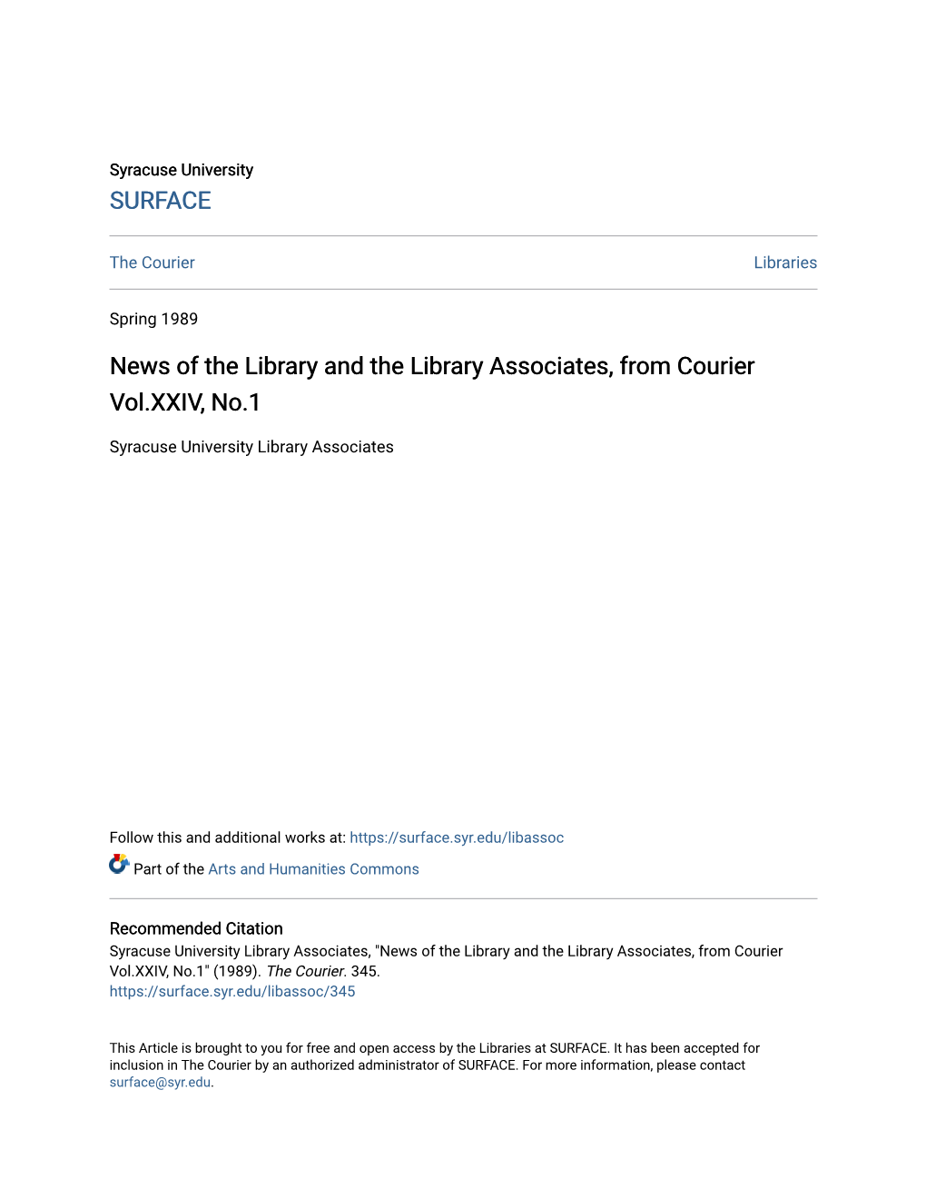 News of the Library and the Library Associates, from Courier Vol.XXIV, No.1