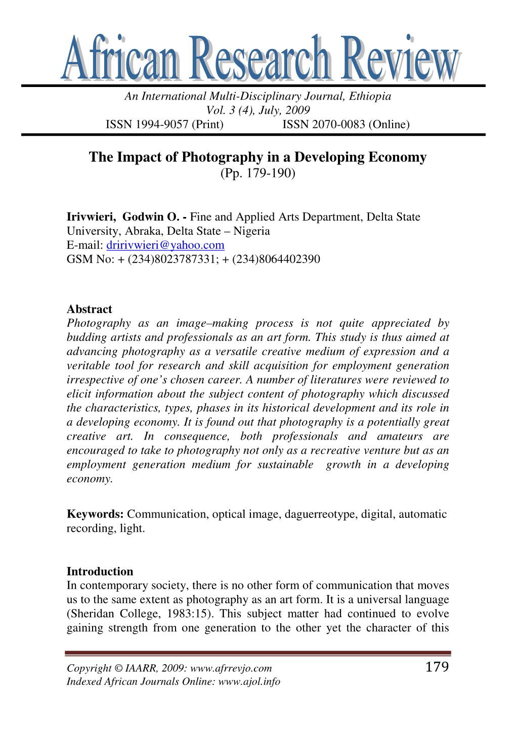 179 the Impact of Photography in a Developing Economy