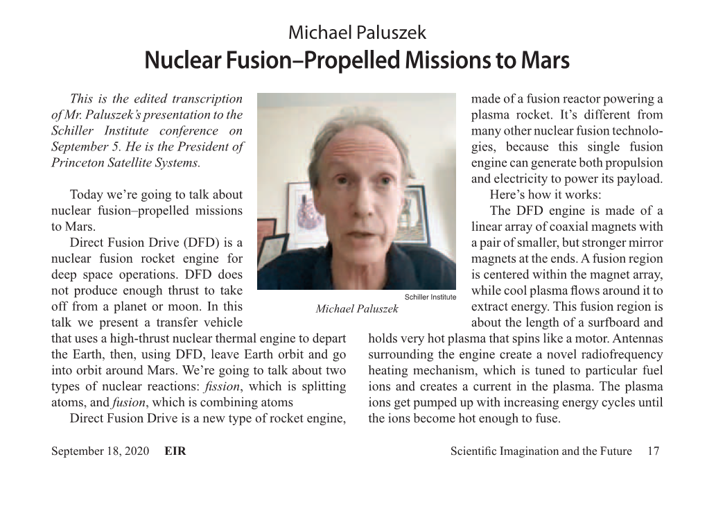 Nuclear Fusion–Propelled Missions to Mars