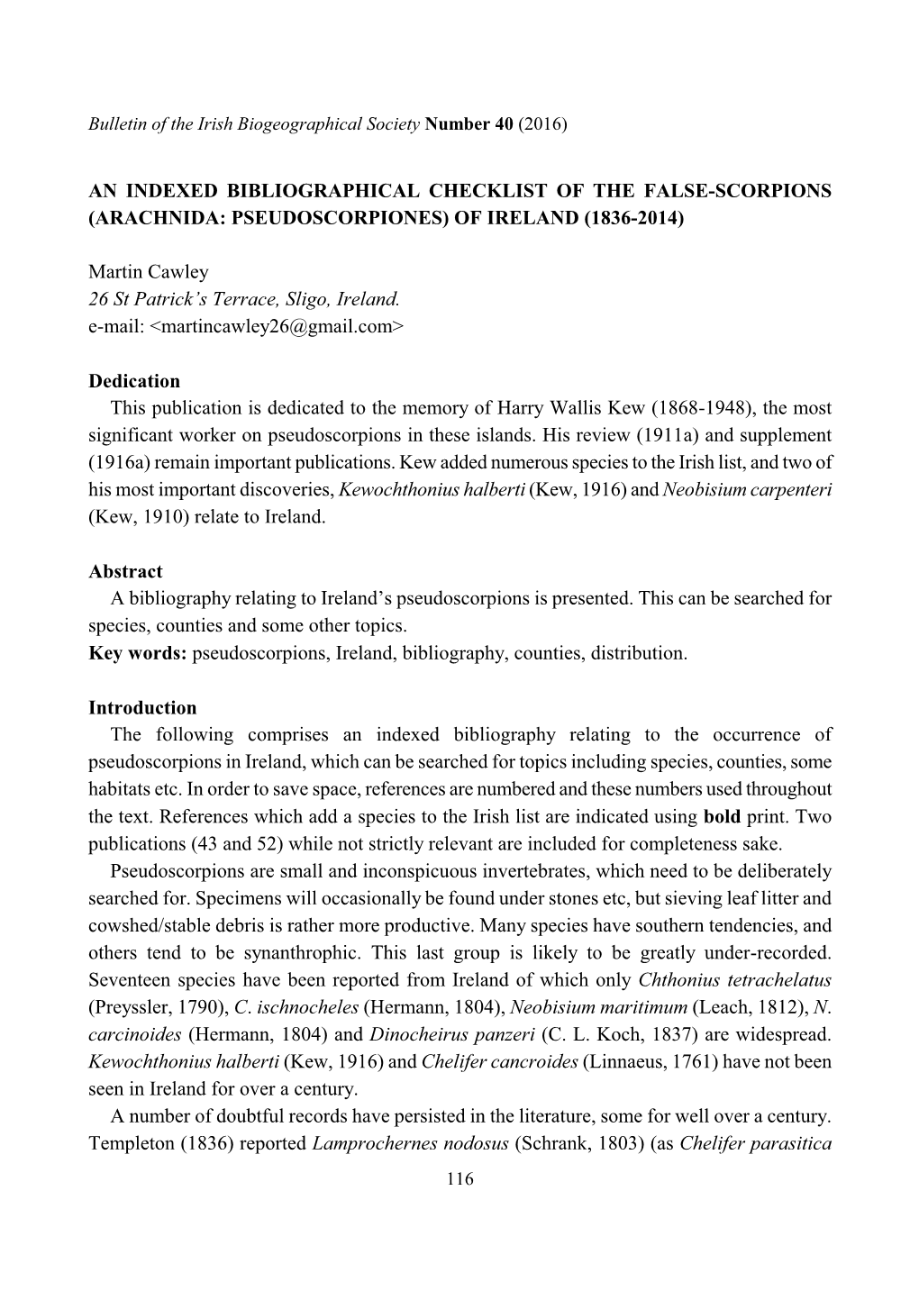 Arachnida: Pseudoscorpiones) of Ireland (1836-2014)